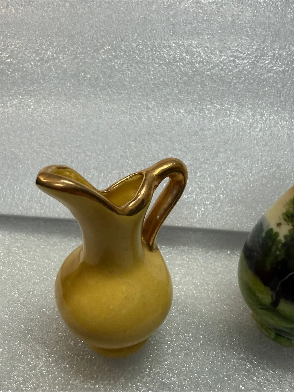 Set of 3 Miniature Porcelain Pitchers Gold Trim Landscape Vase Decor